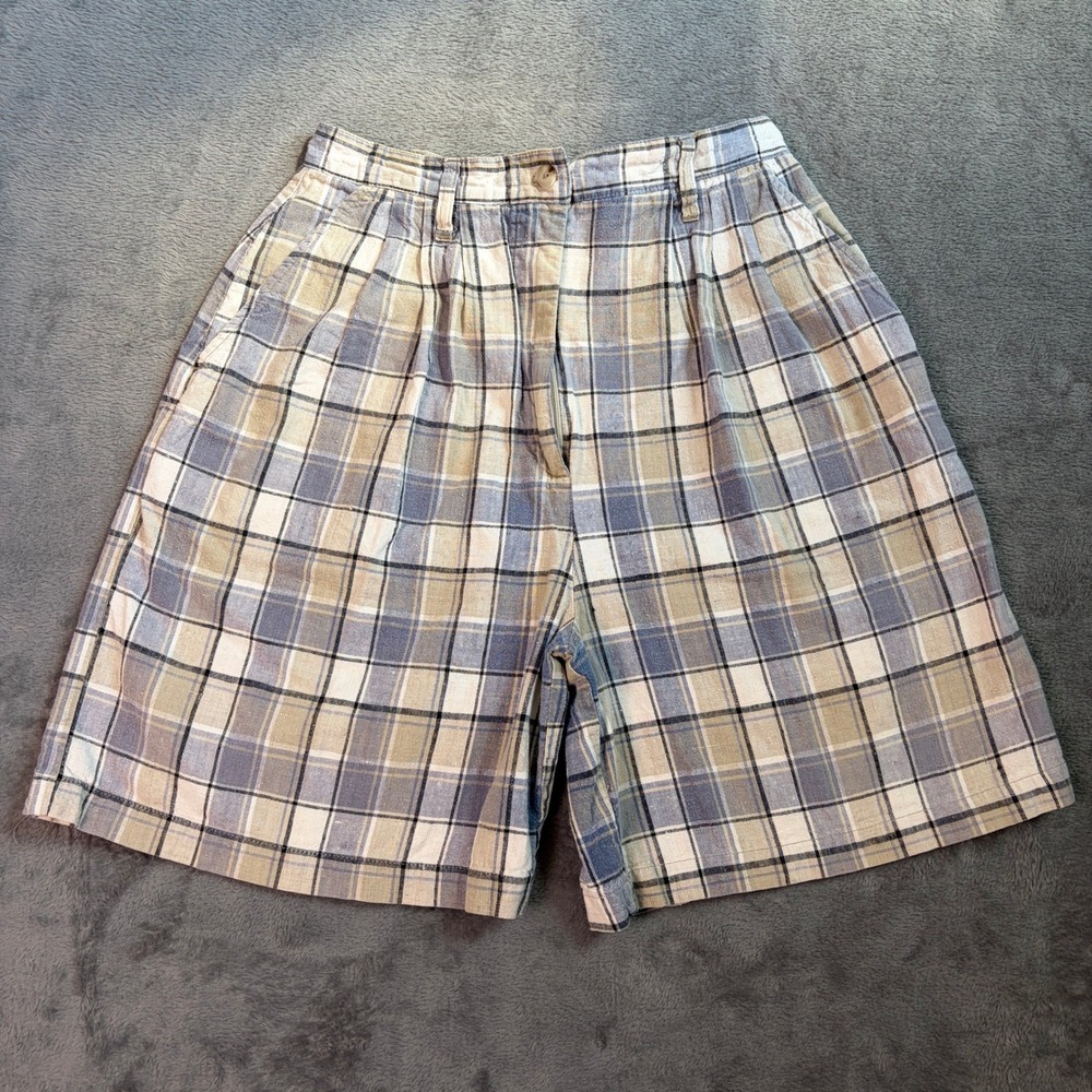 Vintage Basic Editions Shorts Women 27" Blue Plaid Pleated High Rise Linen Blend